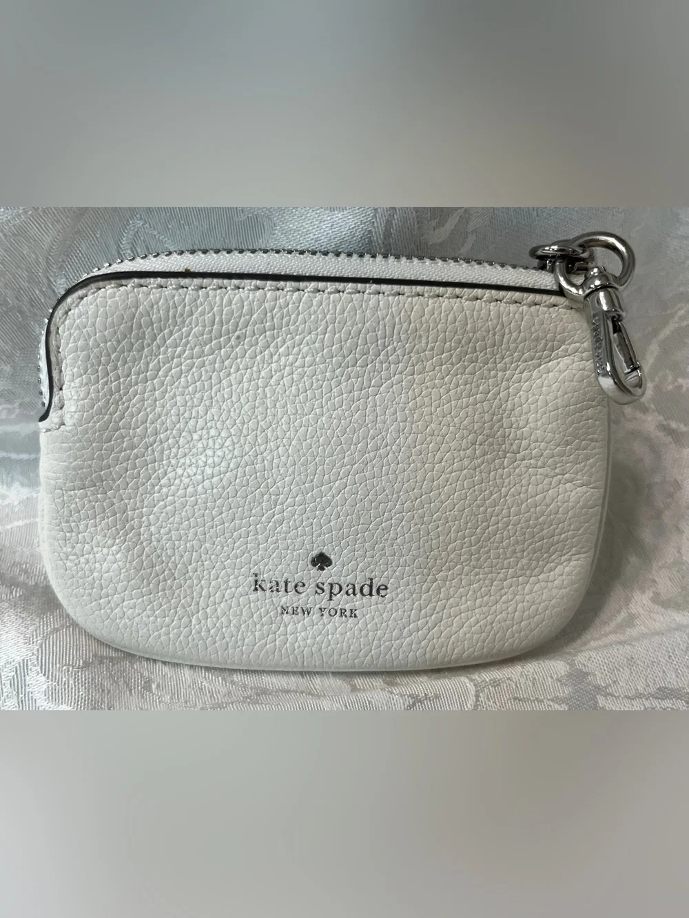 Kate Spade White Pebbled Leather Small Zip Pouch with Keychain